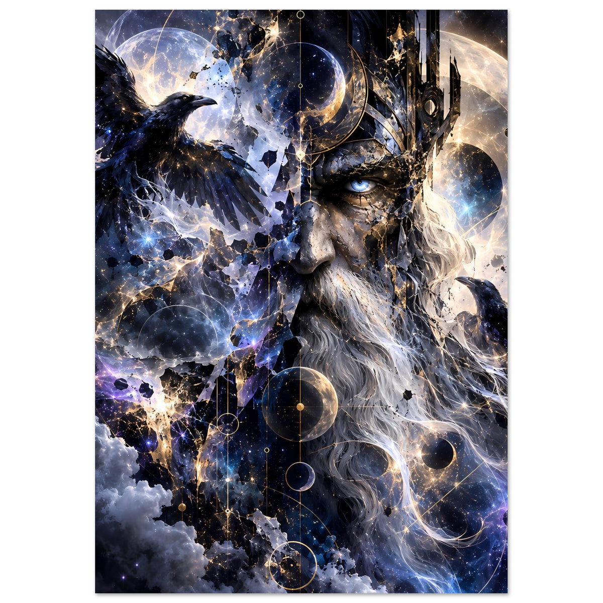 Fantasy-Poster im Hochformat mit Sagenkönig, Rabenflügeln und Sternen