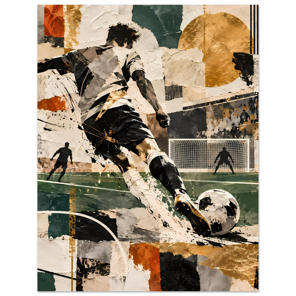 Fußball-Actionposter im Hochformat mit Spieler und Ball, Collage-Look in Grün und Gold