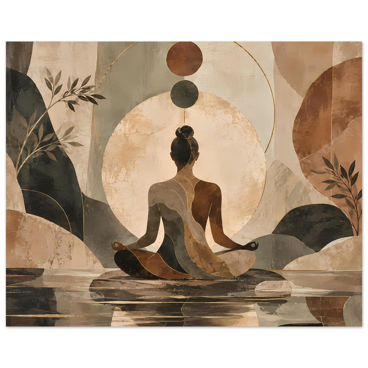 Meditatives Abstract-Poster mit Meditationsfigur, Kreis am Kopf und geschichteten Pinselbändern