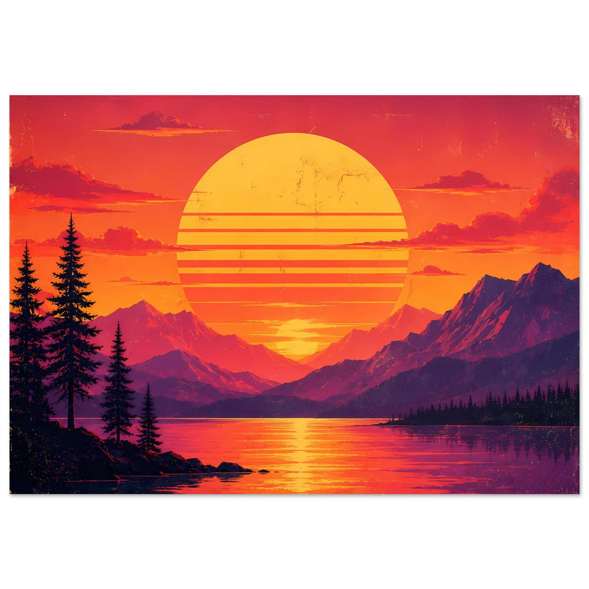 Poster im Querformat mit gelber Kreis-Sonne, Bergen, See und Tannen in Orange- und Violetttönen