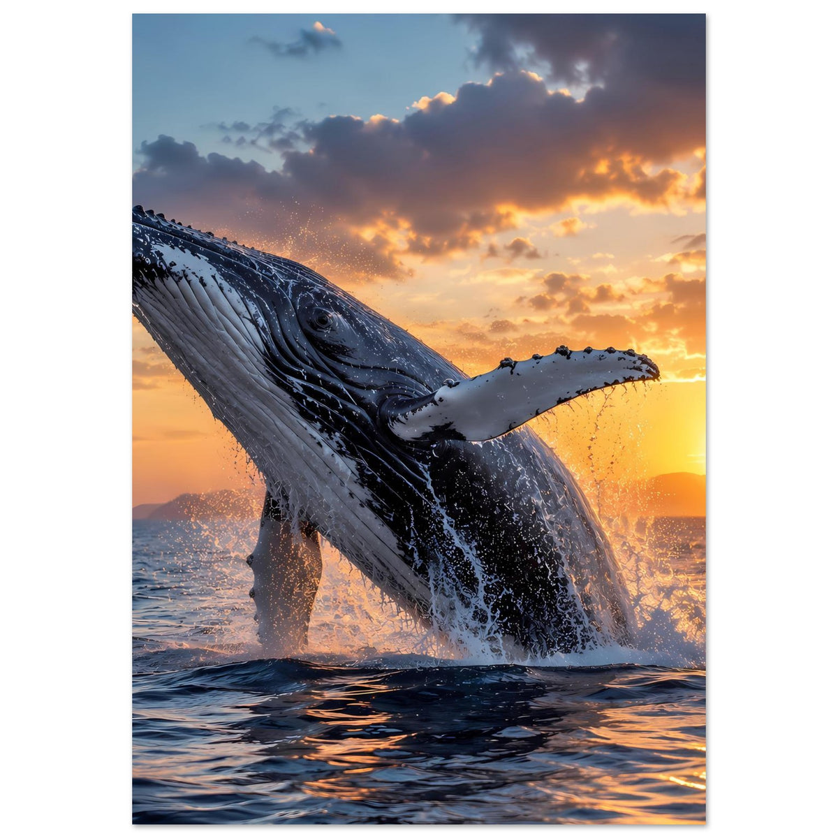 Hochformat-Poster mit Buckelwal beim Brechen aus dem Wasser, schaumige Spritzer sichtbar