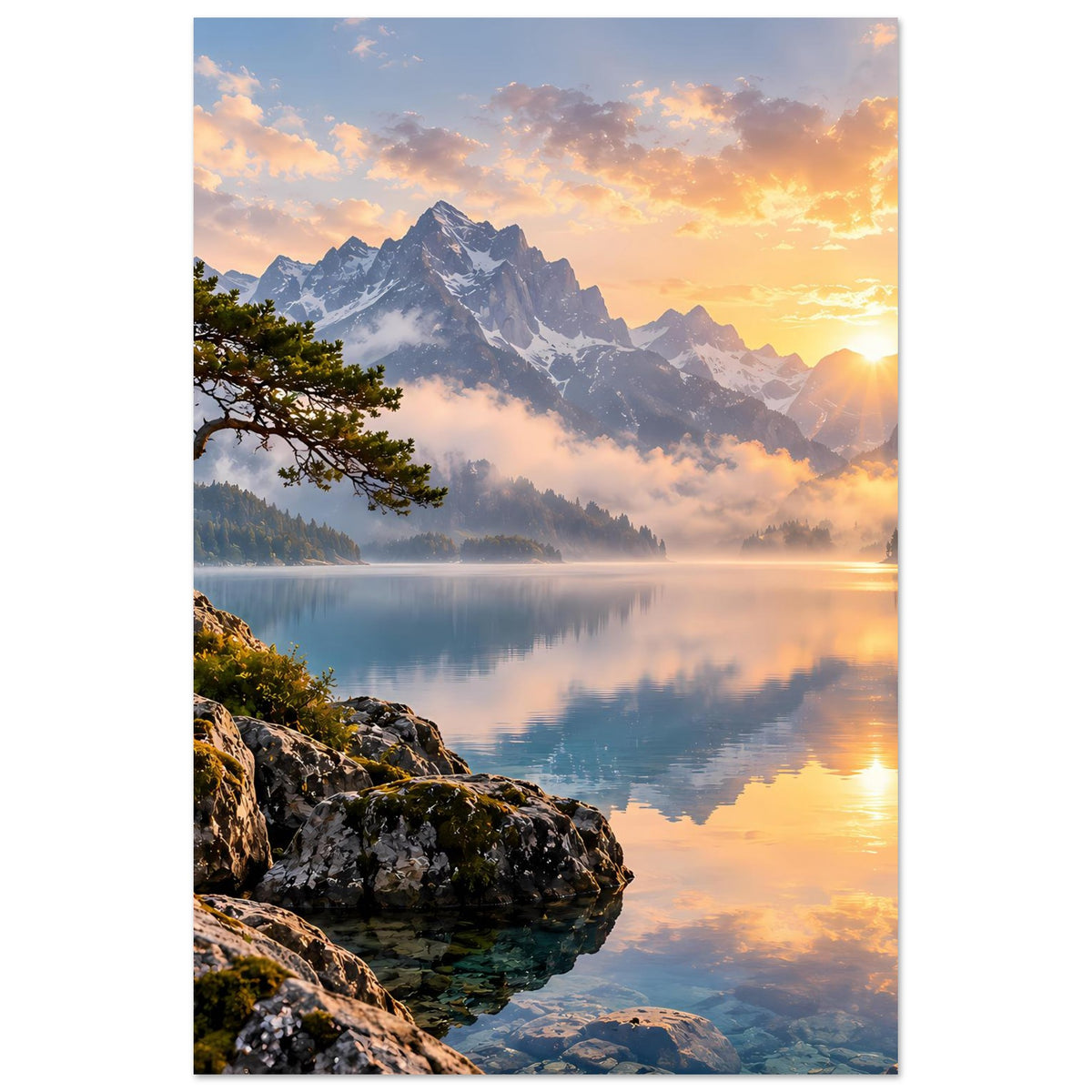 Hochkant-Poster mit Sonnenaufgang über Bergsee, Felsen vorn und ruhige Spiegelung