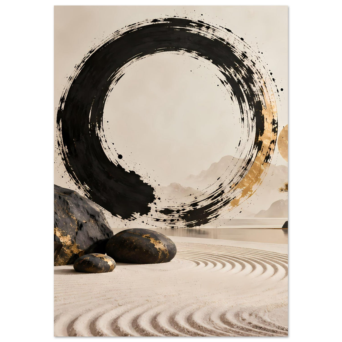 Schwarz-goldenes Zen-Wandbild mit schwungvollem Pinselstrich