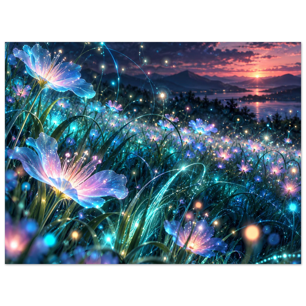 Wandposter mit leuchtenden Blüten und funkelnden Lichtperlen über Abendhimmel