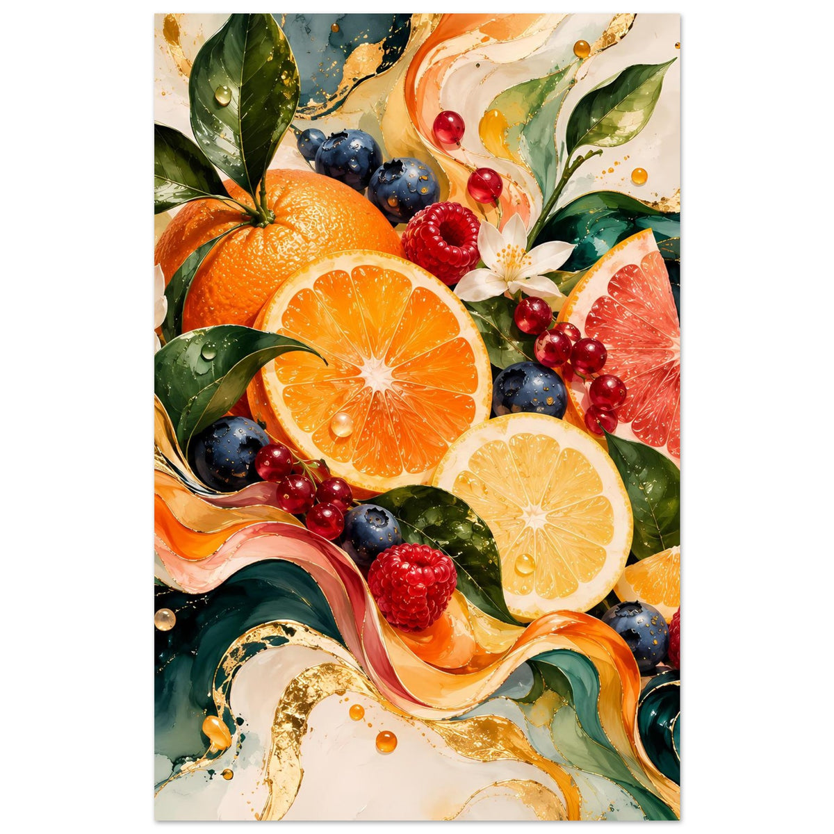 Rechteckiges Poster mit Früchtekunst: orange Orangen, gelbe Zitronen, Beeren und grüne Blätter