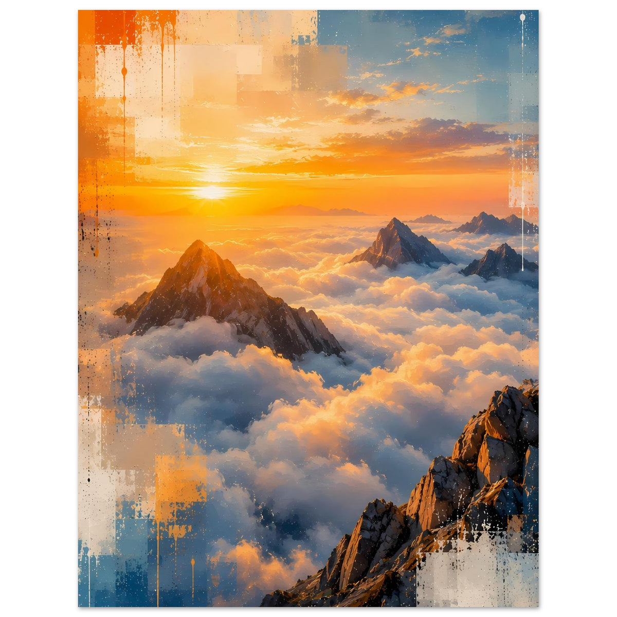 Vertikales Poster: Berge und Wolkenmeer, warmes Orange im Himmel, blau-graue Farbflecken am Rand.