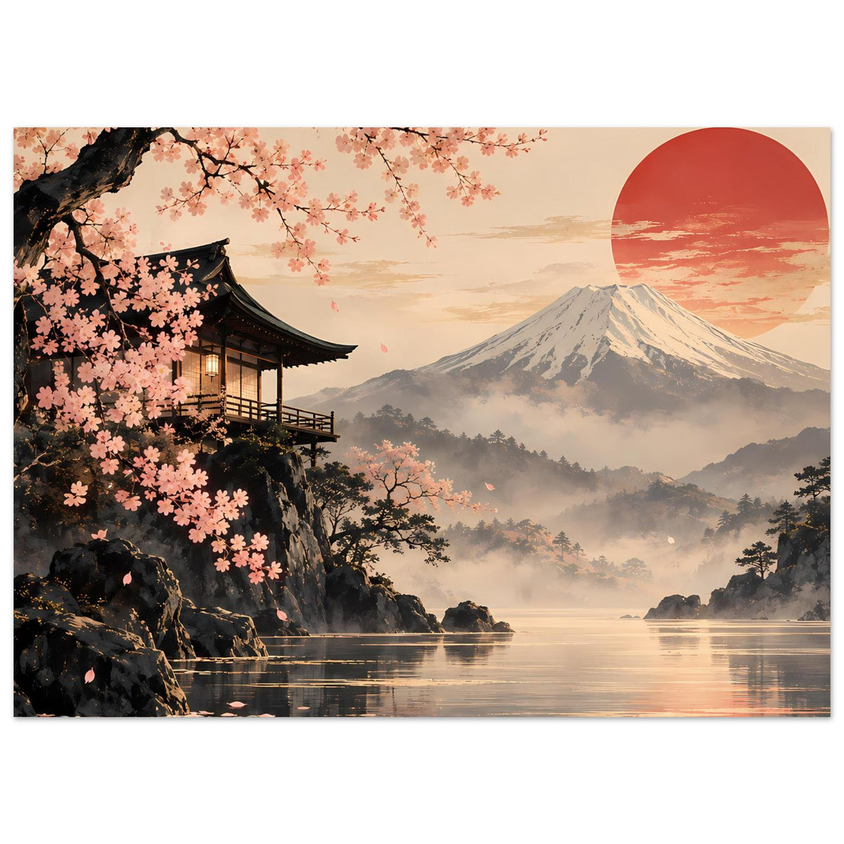 Poster im Panoramaformat mit Kirschblüten, Tempel, Berg Fuji und roter Sonne über Wasser
