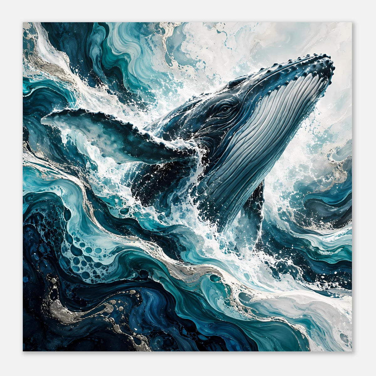 Kunstposter im Quadratformat: Meerwal zwischen türkisblauen Wasserwirbeln und weißem Schaum