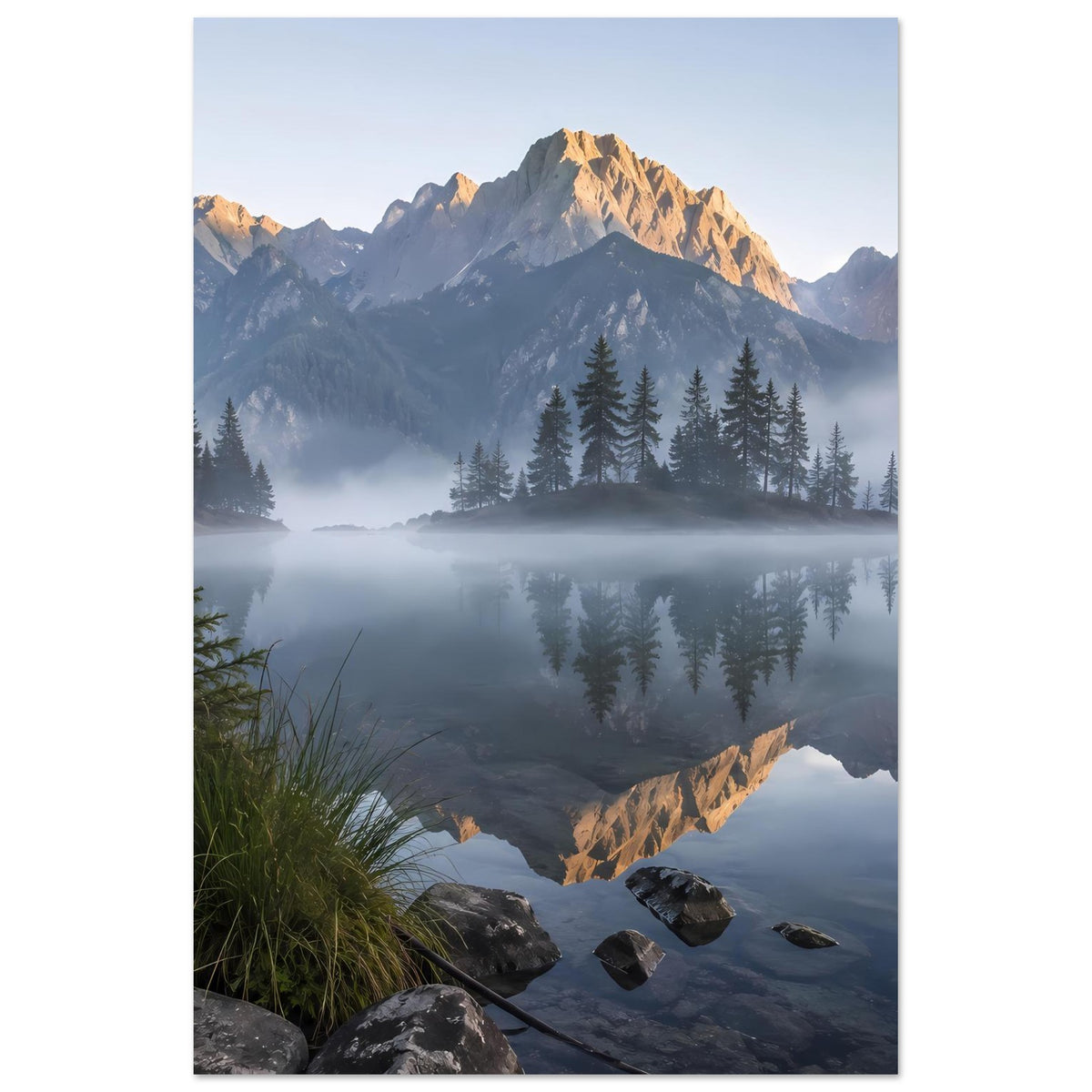 Poster im Hochformat mit Bergsee, Nadelwald und spiegelnden Bergen im Morgennebel