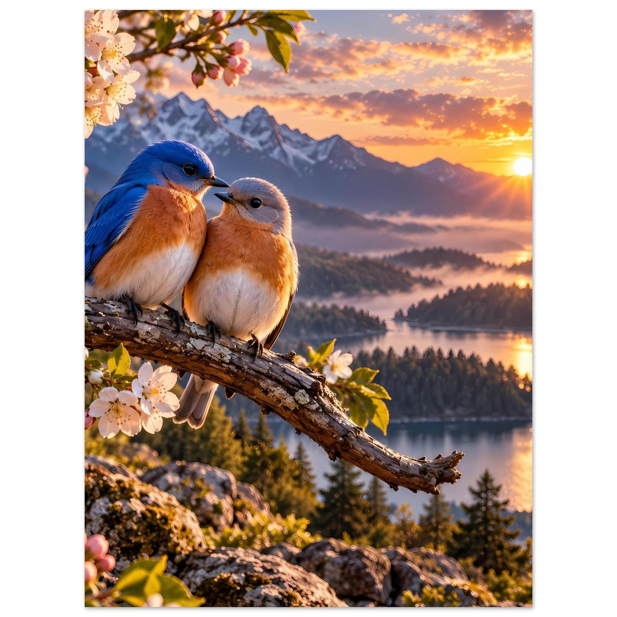 Poster mit zwei Vögeln auf Ast, Sonne am Horizont, Berge und Dunstlandschaft