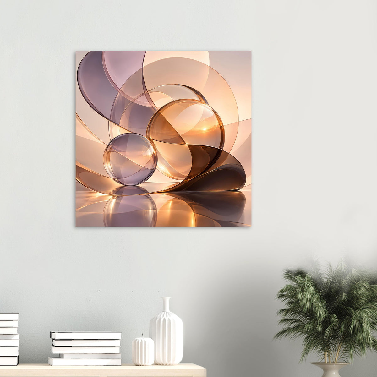 Abstrakter Kunstdruck mit warmen Glas-Kugeln, goldenen Reflexen und lila Tönen
