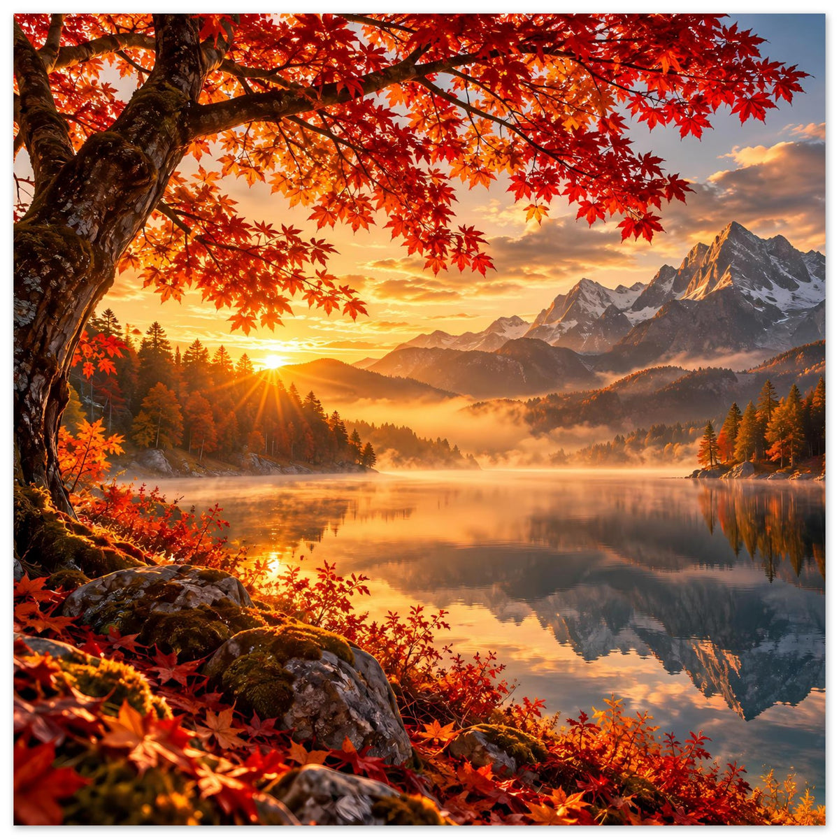 Herbstliches Sonnenaufgangs-Poster mit roten Ahornblättern, Gebirgslandschaft und See-Reflexion