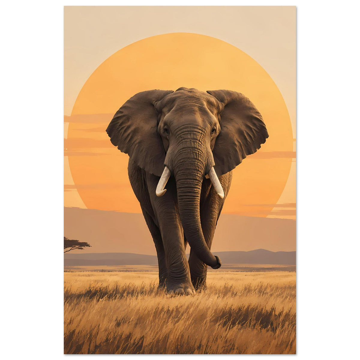 Matte Poster im Hochformat: Elefant läuft geradeaus vor orangefarbenem Sonnenkreis