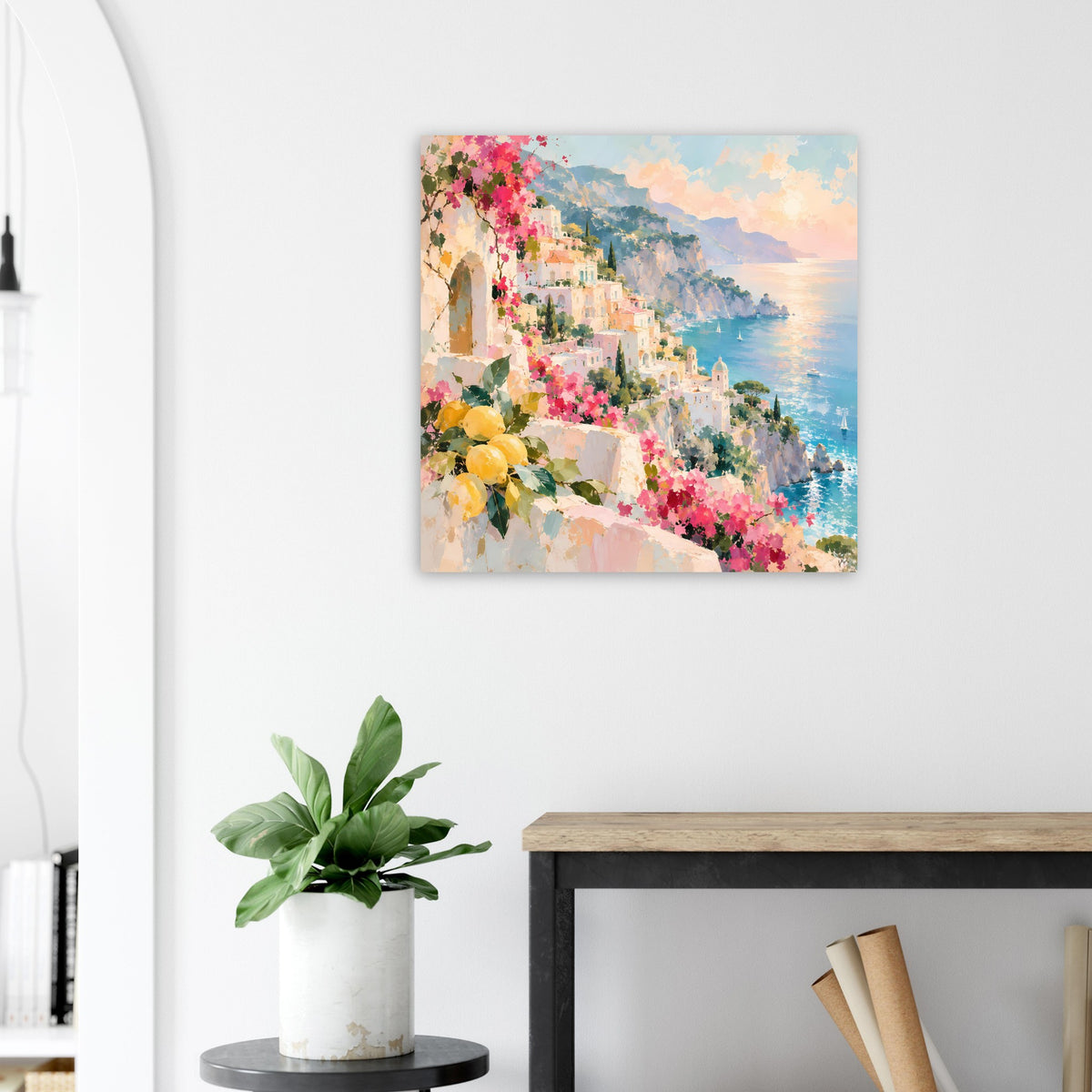 Quadratischer Posterdruck mit Meer an der Felswand und gelb-rosa Blüten