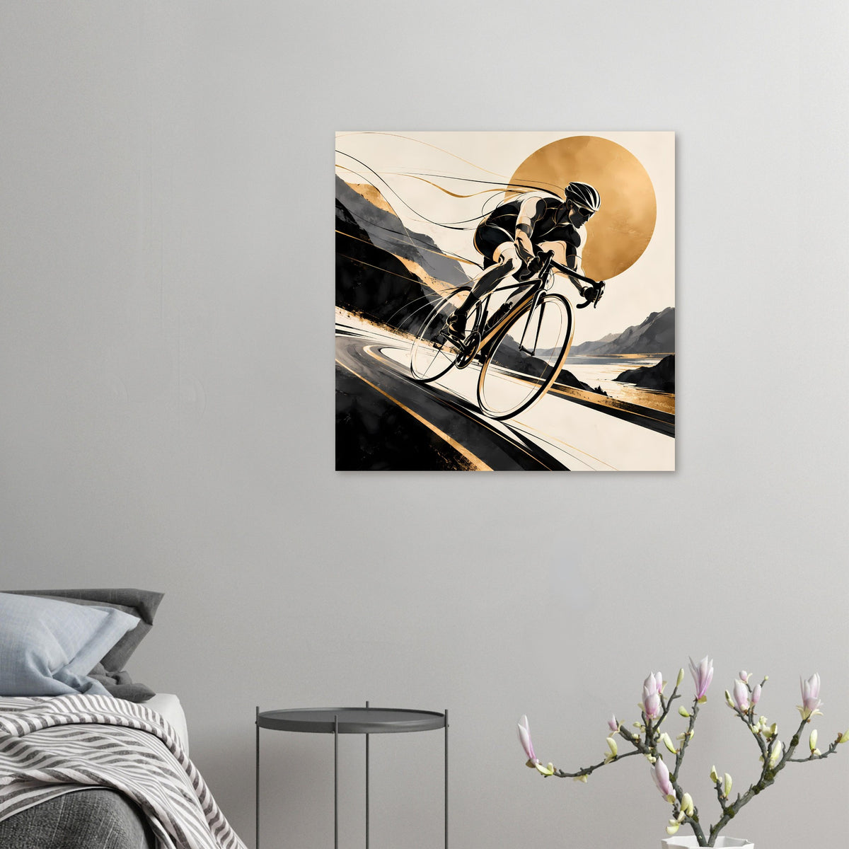 Kleines Sportposter mit Rennradfahrer in Schwarz und Gold, Rennrad in Seitenansicht