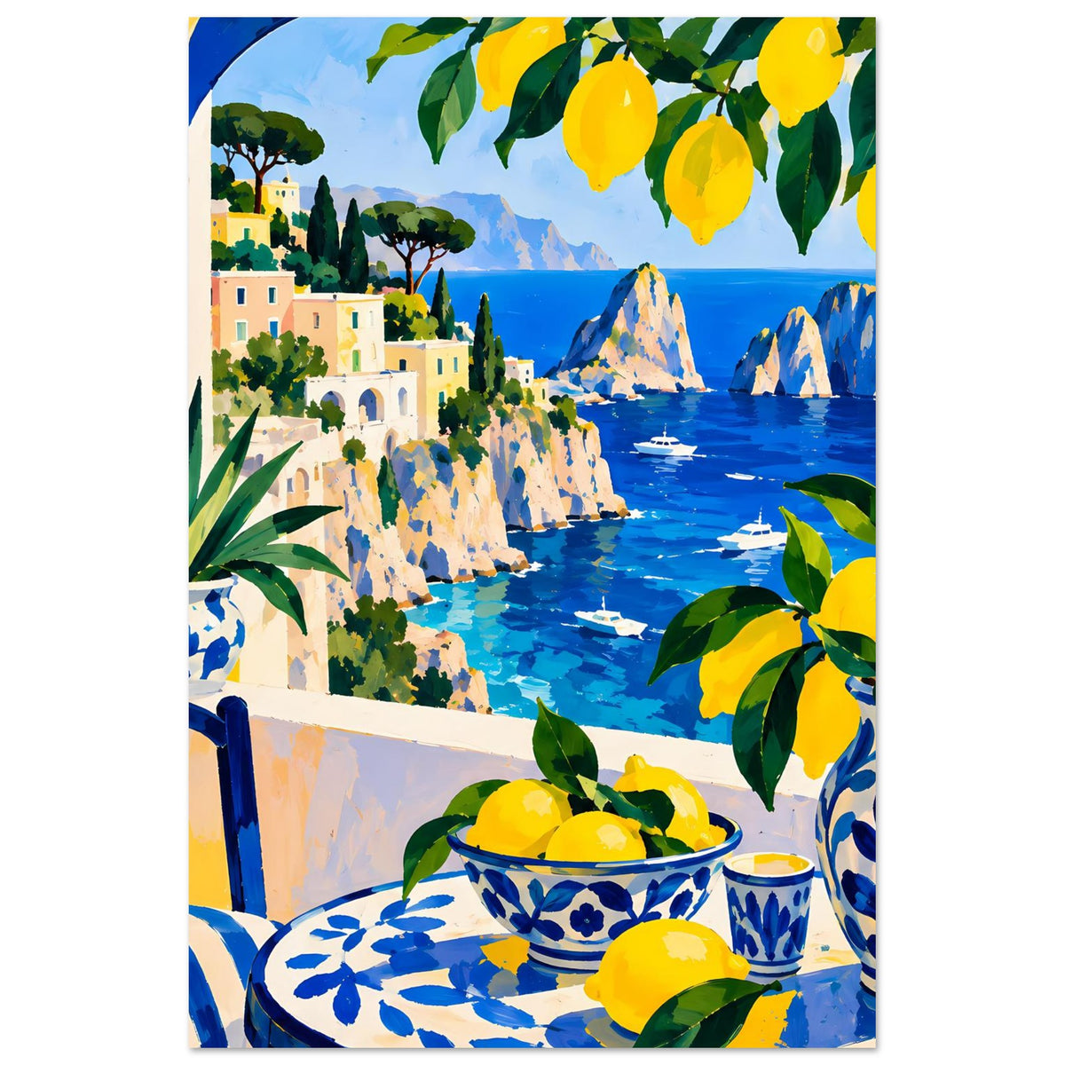 Zitronen-Poster mit blauem Meer, weißen Uferfelsen, Gebäuden und gelben Früchten vorn