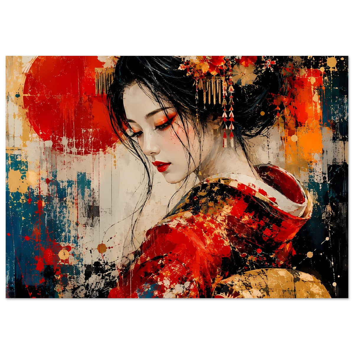 Poster mit Geisha im roten Kimono, goldene Akzente, schwarzes Haar, Blumen im Haarschmuck