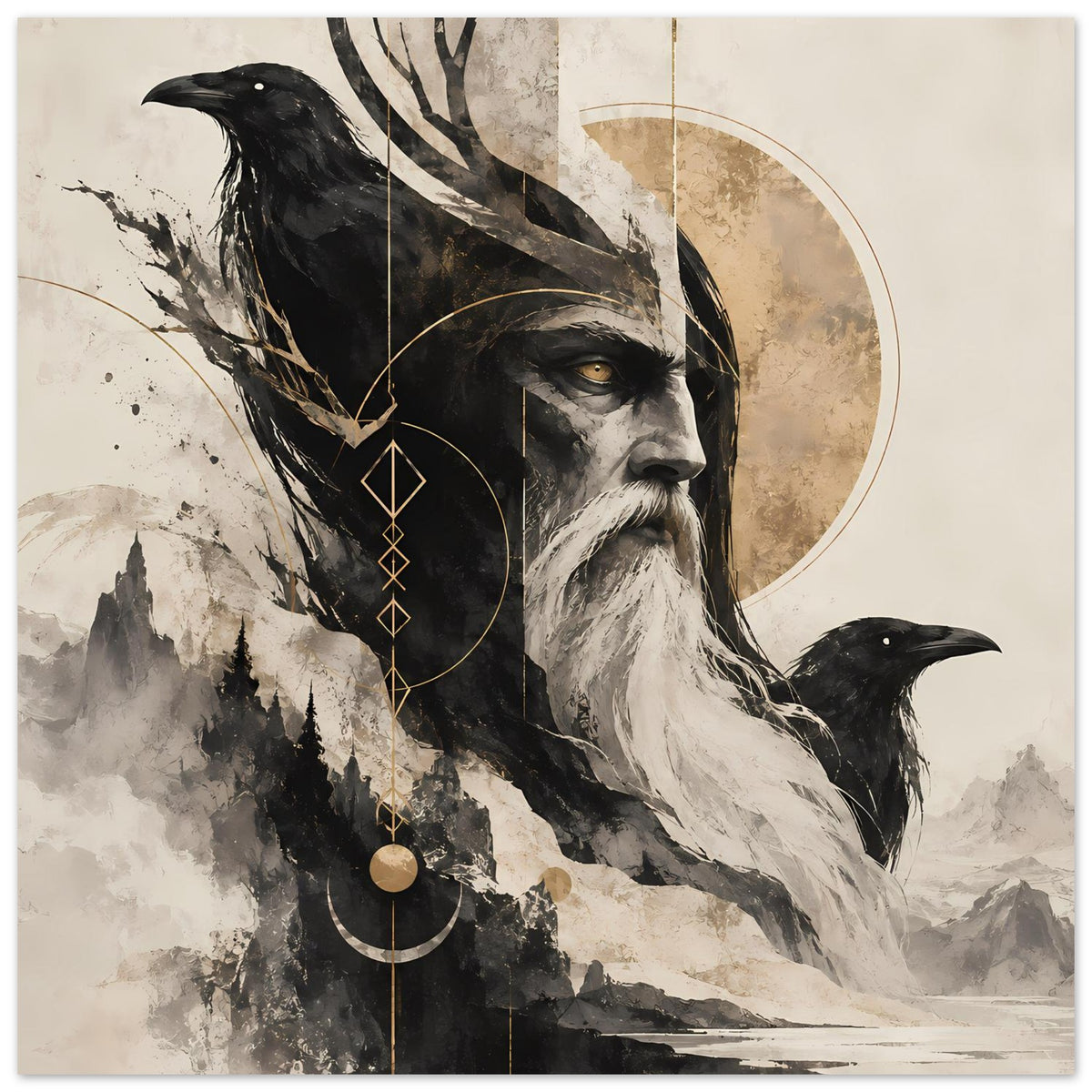 Kunstposter mit Wikingerporträt, schwarzem Raben und Kreisring-Design in Gold