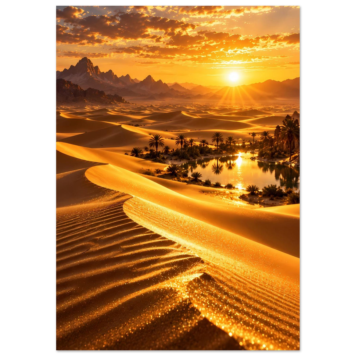 Poster Wüstendünen, Oase und Sonne bei Sonnenuntergang, warme Gold- und Orangetöne