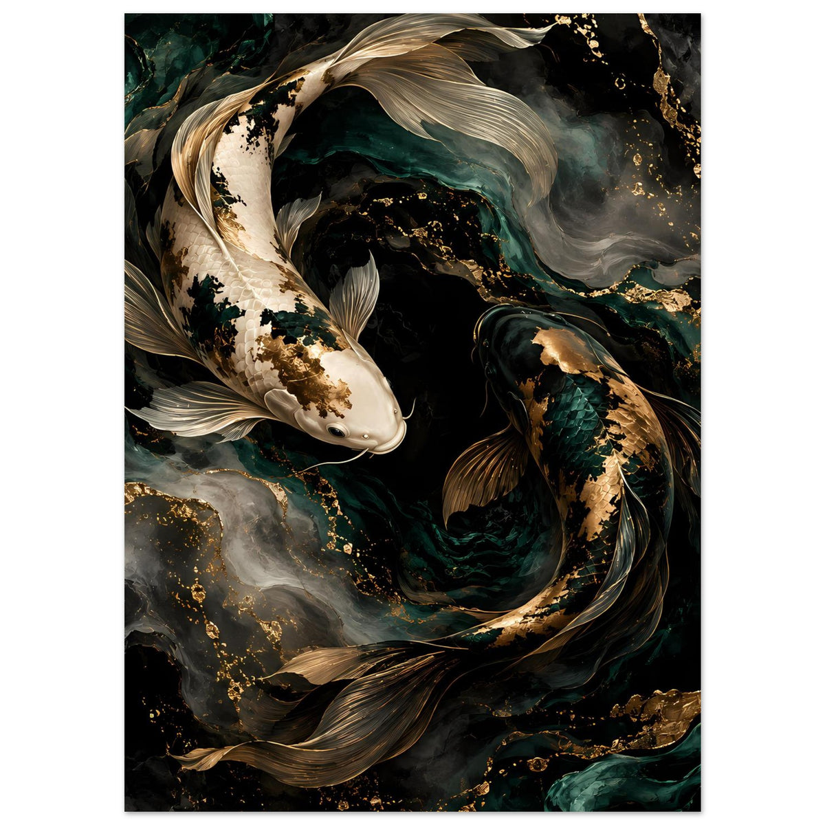 Koi-Fisch-Poster im Hochformat mit weißem und dunklem Koi, grünen Strömungen und Goldrand