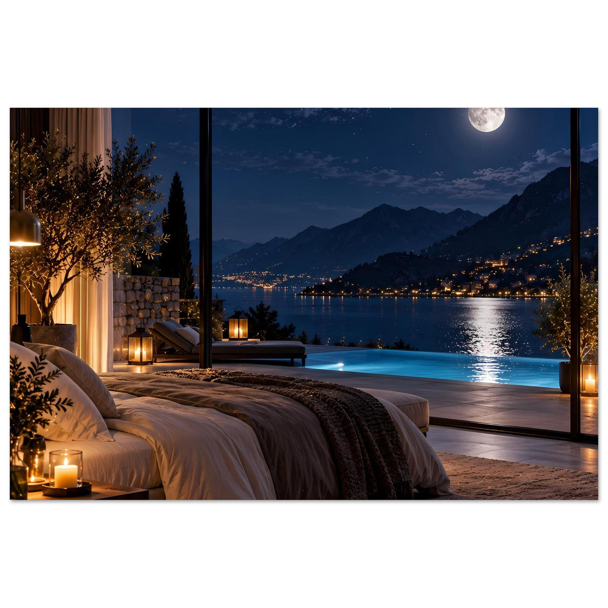 Poster mit Nachtblick: Bett im Vordergrund, Fensterblick auf Berge, See und Mond.