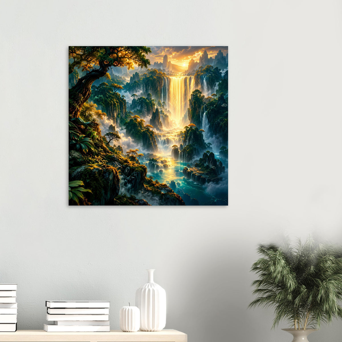 Kleines Fantasy-Landschaftsposter: goldenes Wasserfallmotiv mit bewaldeten Felsen und Wasser