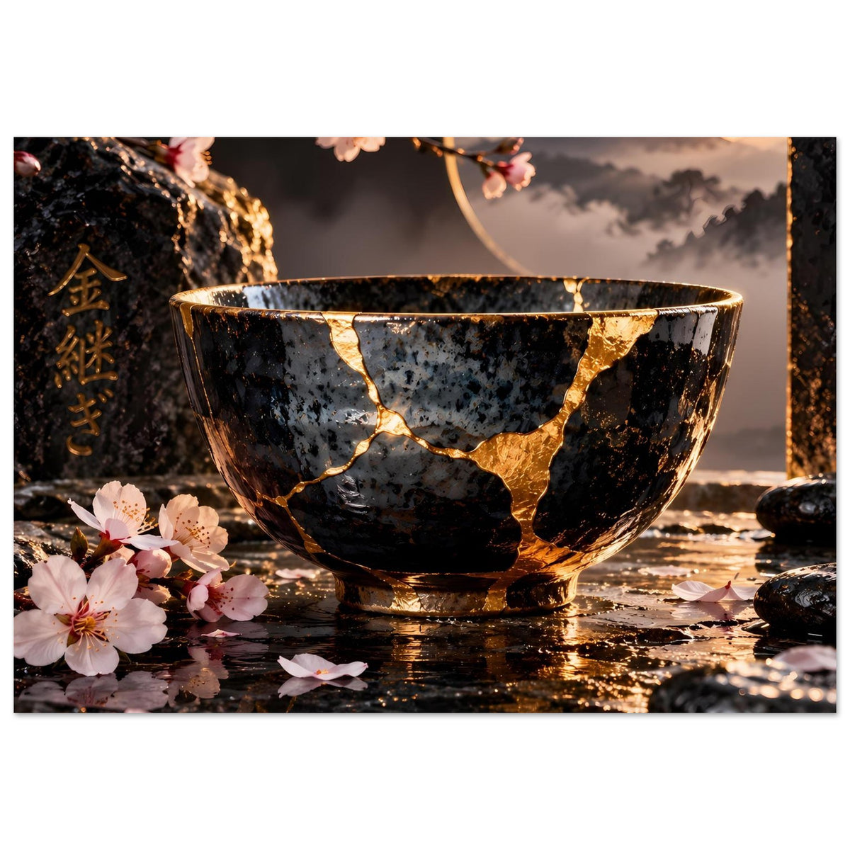 Kintsugi-Elegance-Poster: goldverästelte Risse einer schwarzen Schale mit Kirschblüten