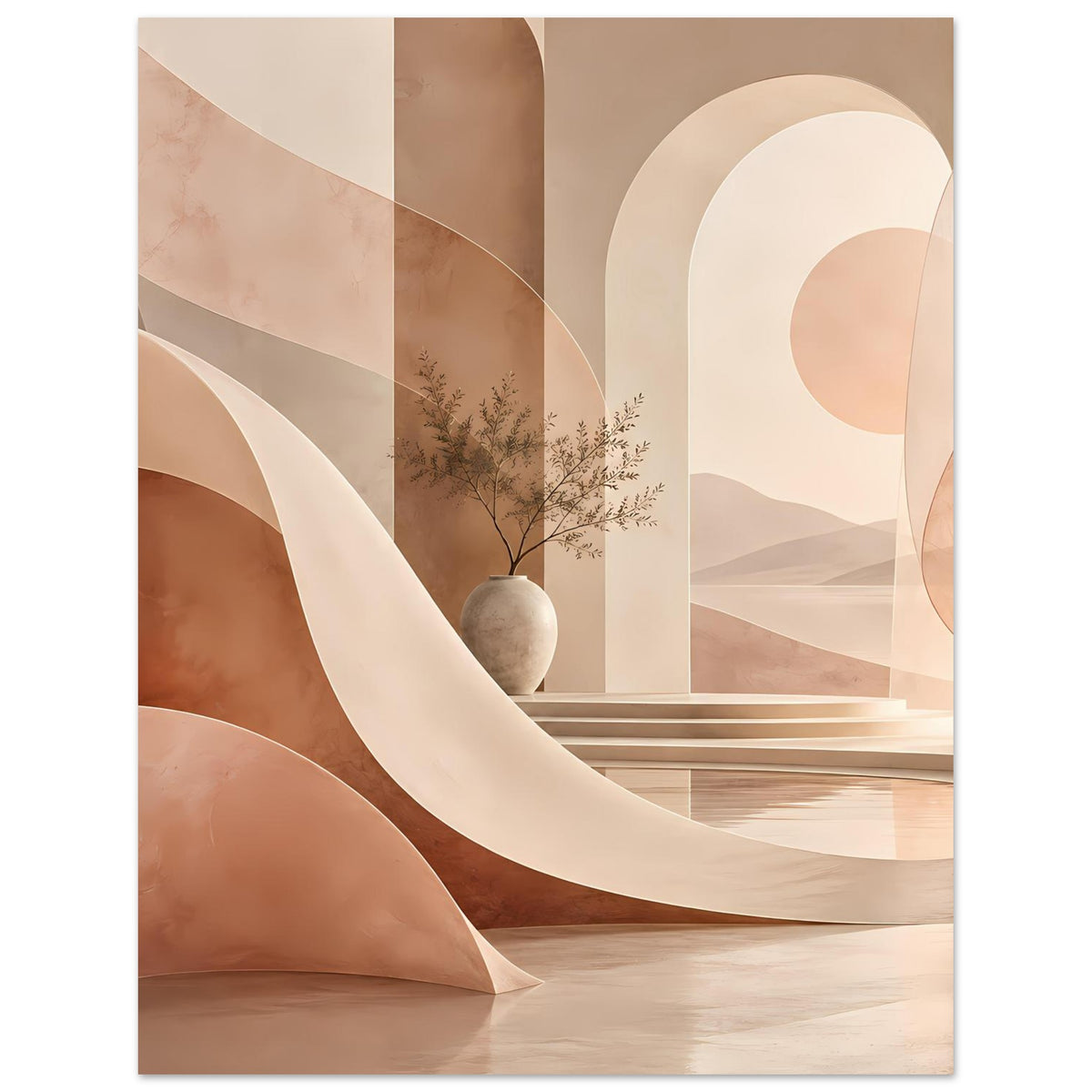 Abstraktes Wandposter: breite Bogenkurven und Wellenlinien, warme Sandpalette, Pflanze in Vase