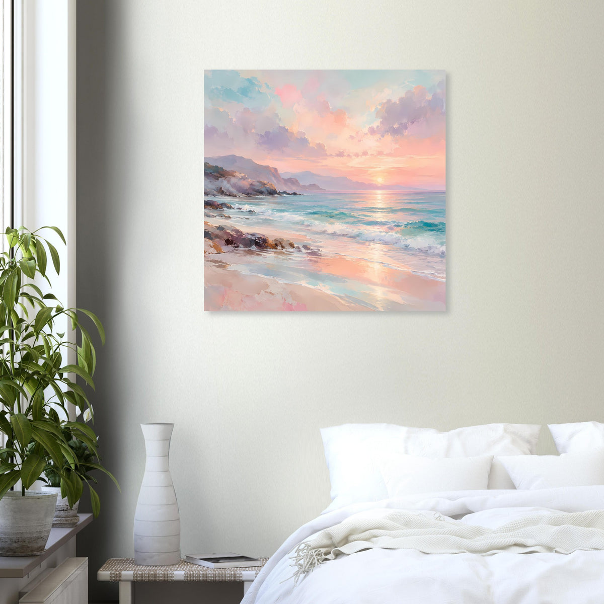 Quadratisches Poster mit Küstenszene: Abendsonne am Horizont und reflektierendes Wasser.