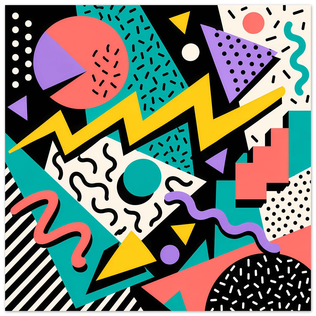 Abstraktes Memphis-Poster mit geometrischen Formen, kräftigen Farben und schwarz umrandetem Rand