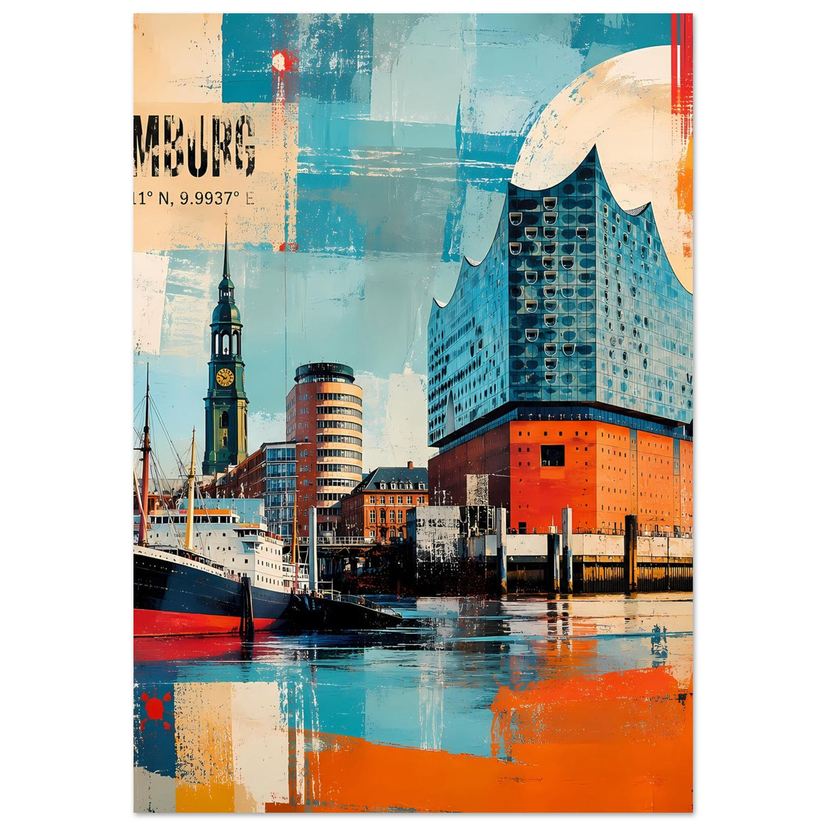 Poster mit Hamburg-Stadtansicht, türkis/orange Kolorierung, Elbphilharmonie und Hafen