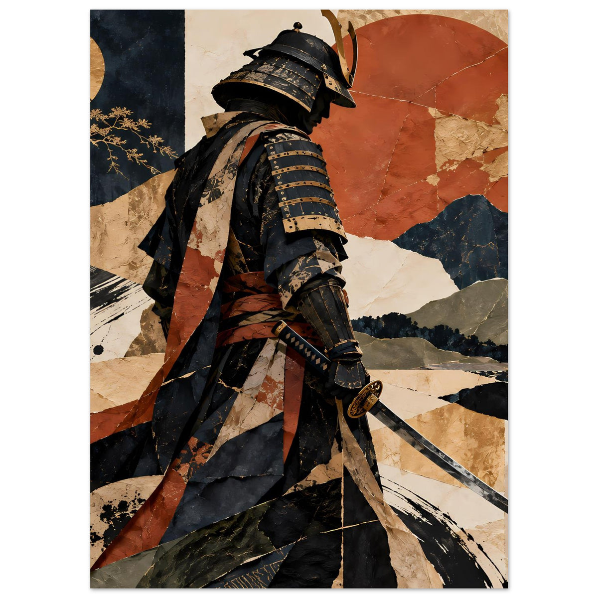 Poster mit Samurai-Silhouette, Rüstungsplatten und Umhang, rostrote Akzente im Hintergrund