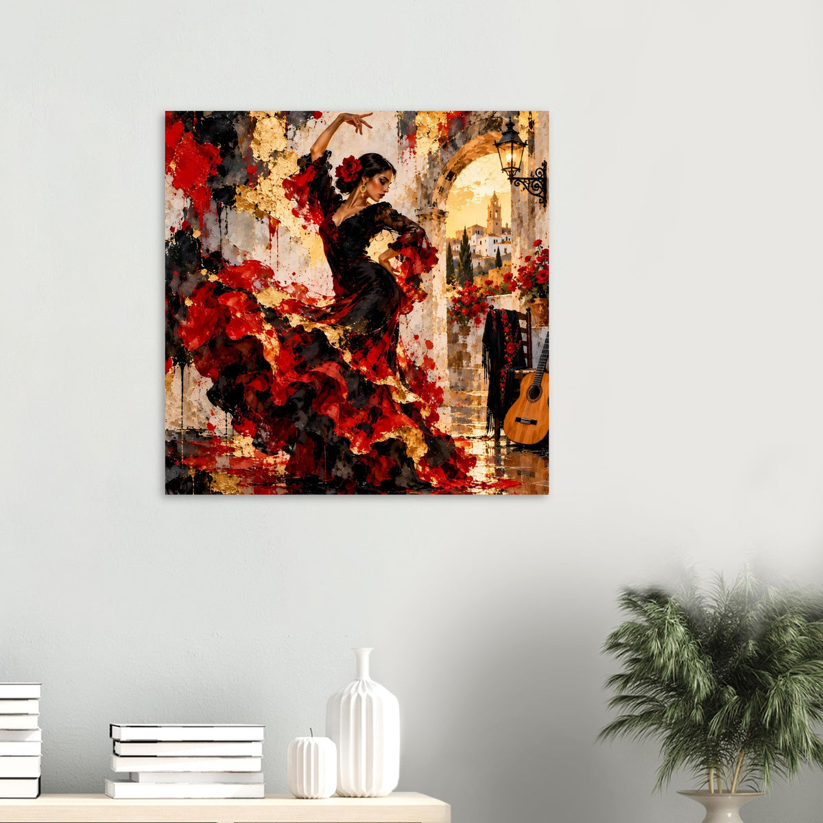 Nahansicht: Poster mit Flamenco-Tänzerin in Rot und Schwarz, abstrakt, Gitarre rechts