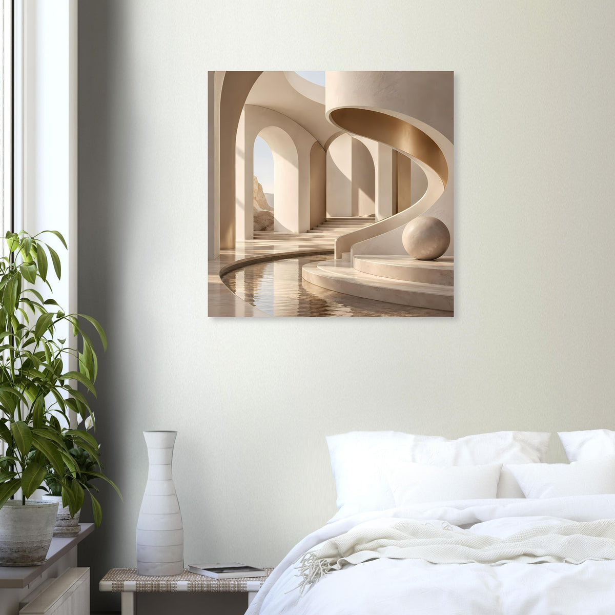 Architekturposter mit marmornem Arkadengang, schimmerndem Boden und heller Kugel