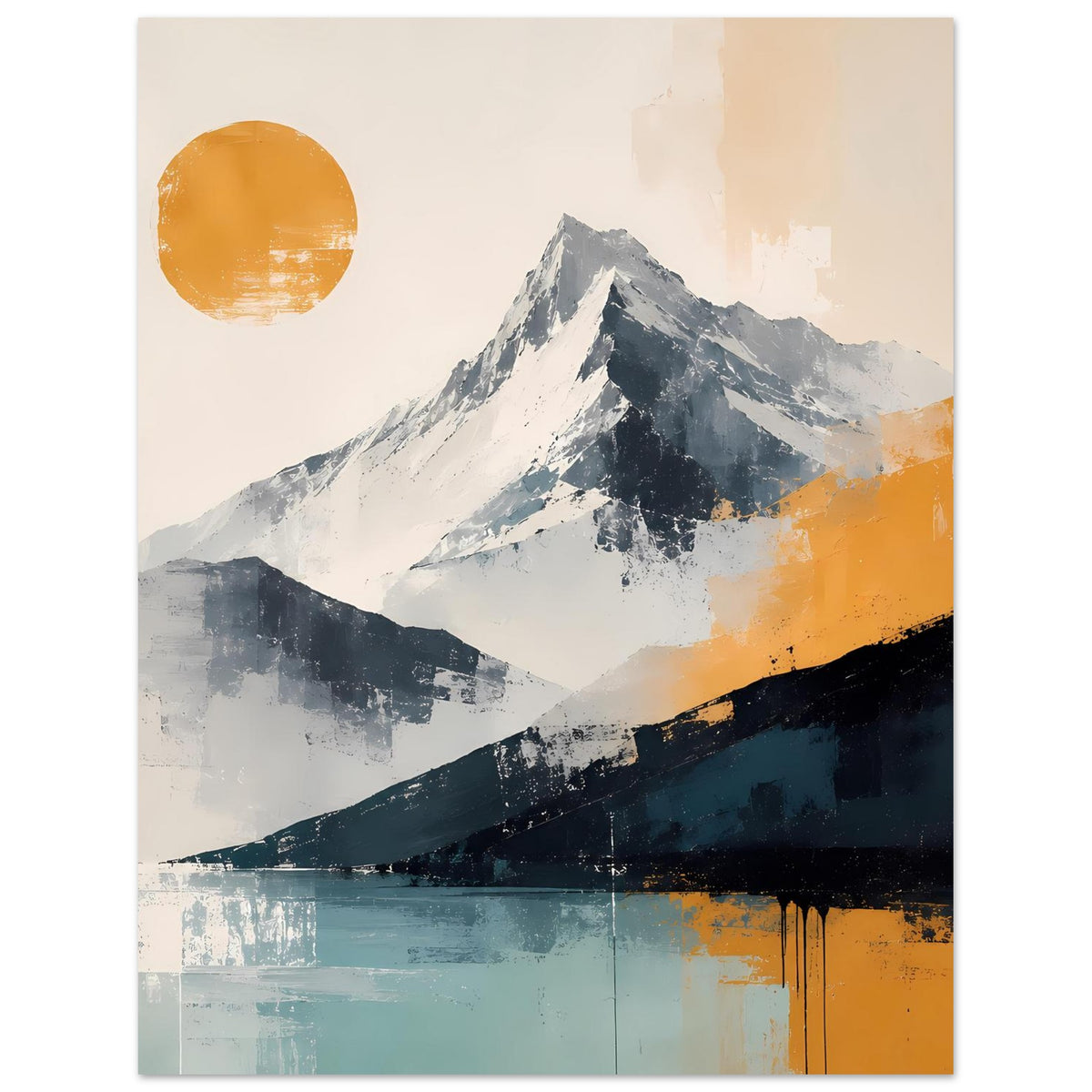 Hochformat-Poster mit abstrakten Bergen, orange-gelbem Sonnenkreis und blau-grauer Farbfläche im Hintergrund.