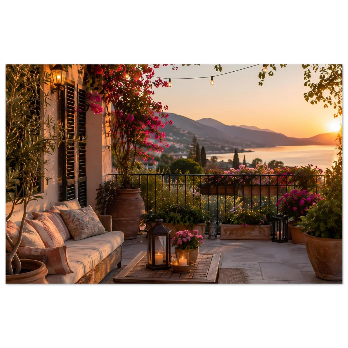 Poster mit Abendsonne auf dem Balkon, Sitzbank, Blumen, Tisch mit Laterne und Steinboden