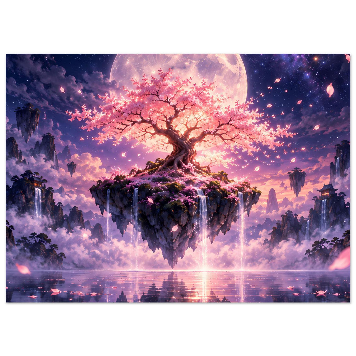 Poster: Kirschblütenbaum auf schwebender Insel, farbige Blüten im Sternenhimmel