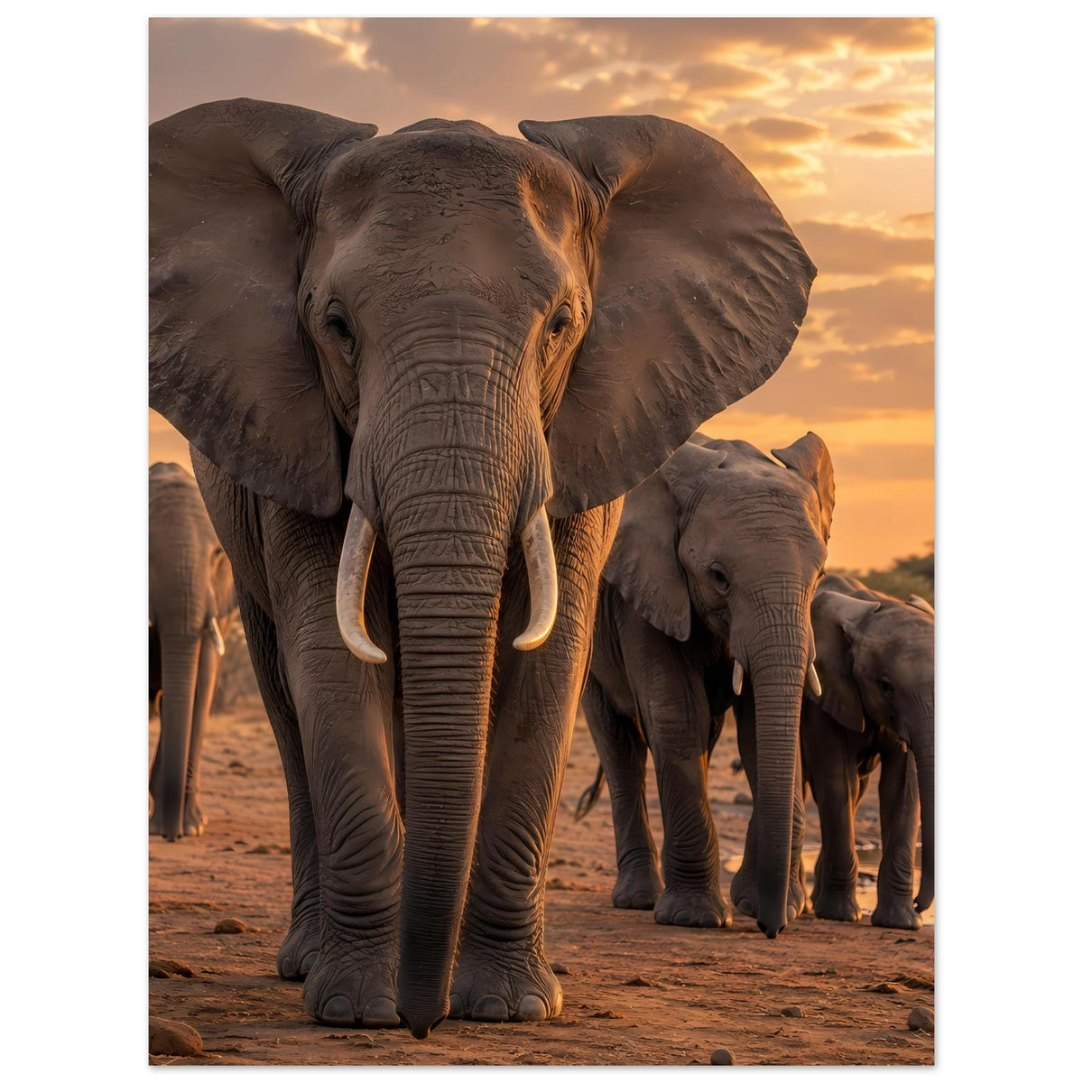 Wandposter mit Elefantenherde: großer graubrauner Elefant vorn, mehrere Tiere dahinter.