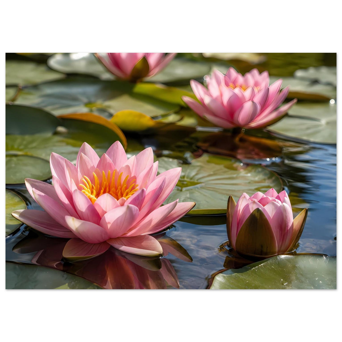Poster mit rosa Seerosen und Seerosenknospe, Wasseroberfläche und Blätter sichtbar