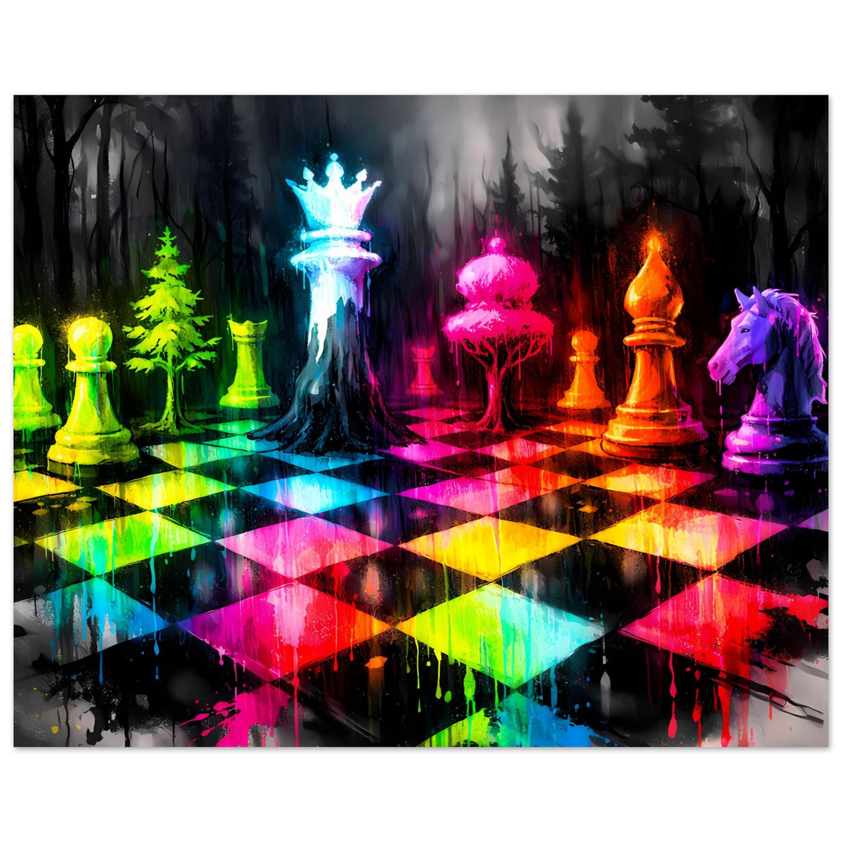 Neon-Schachspiel-Poster im Querformat mit leuchtendem Regenbogen-Spielbrett und Figuren