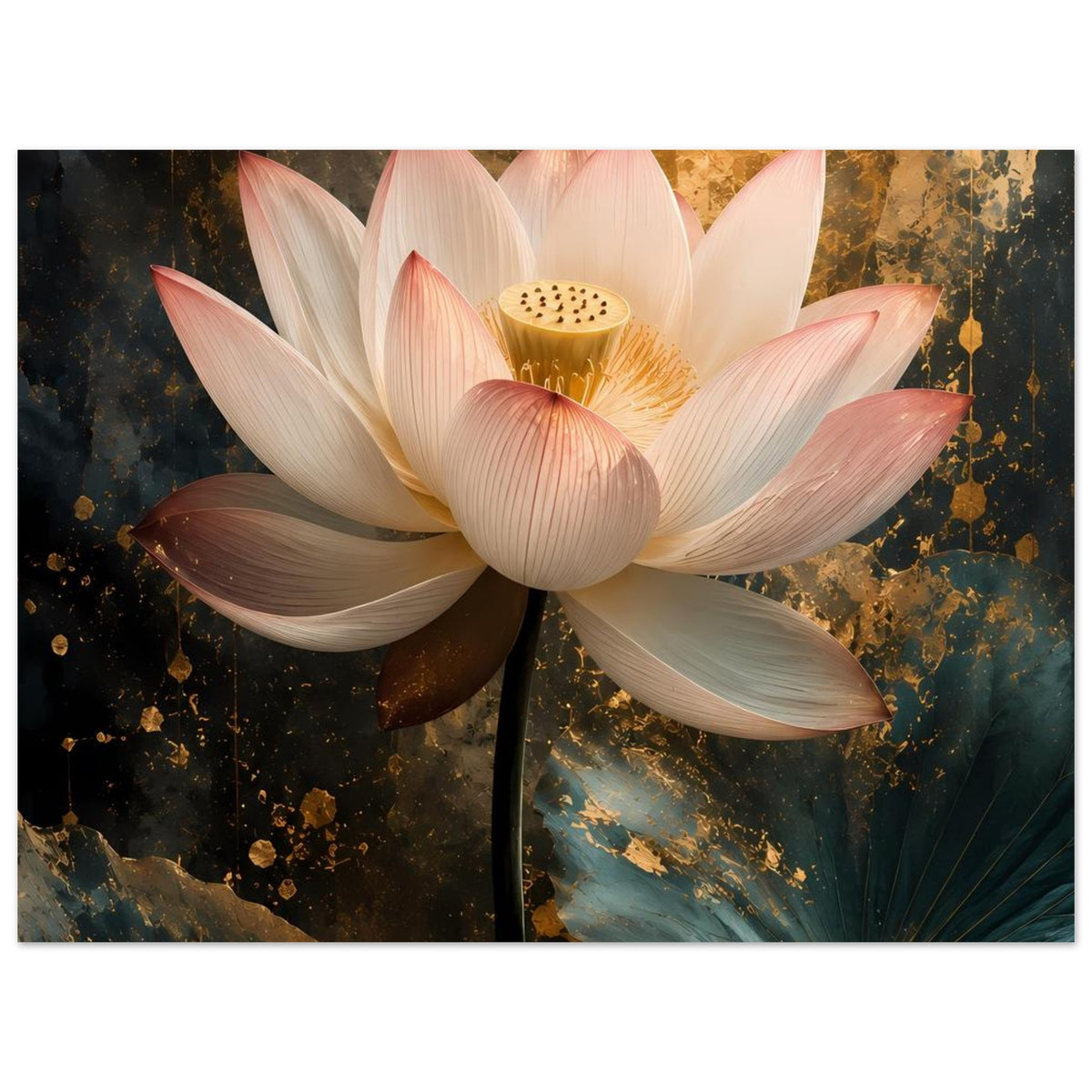 Quadratisches Poster: weiße Lotusblüte mit goldfarbenem Zentrum und feinen Punkten