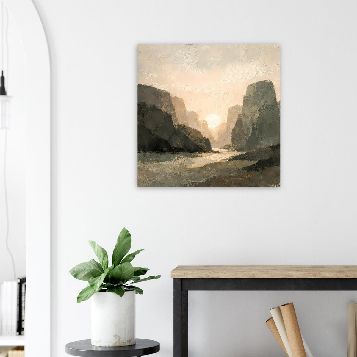 Quadratisches Wandposter mit Felsenlandschaft: Talblick und warmes Sonnenuntergangslicht.