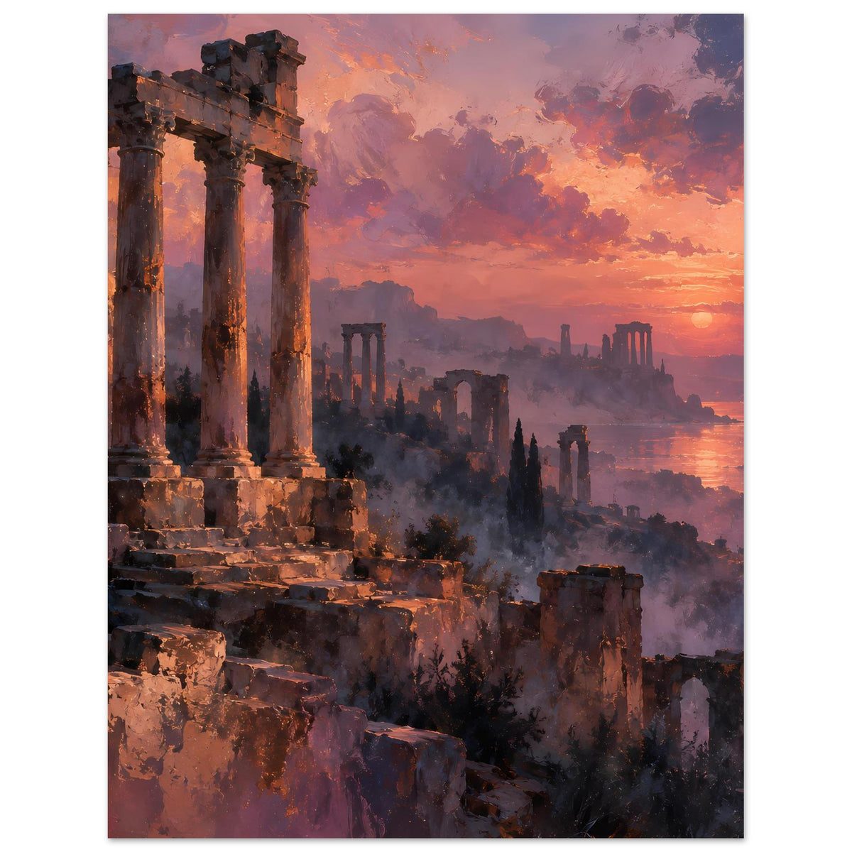 Poster mit Ruinenlandschaft und warmem orange-violettem Sonnenuntergang über dem Dunstmeer