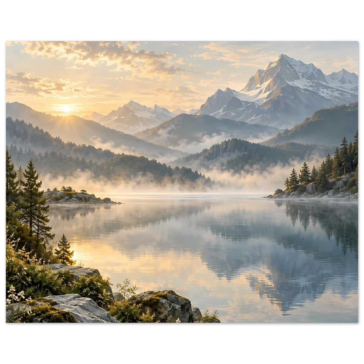 Landschaftsposter mit Bergsee, Nadelbäumen, Felsufer und goldenen Sonnenstrahlen