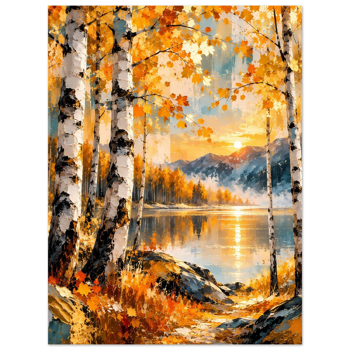 Herbstliches Poster mit Birken, orangefarbenem Laub und ruhigem See bei Sonnenuntergang