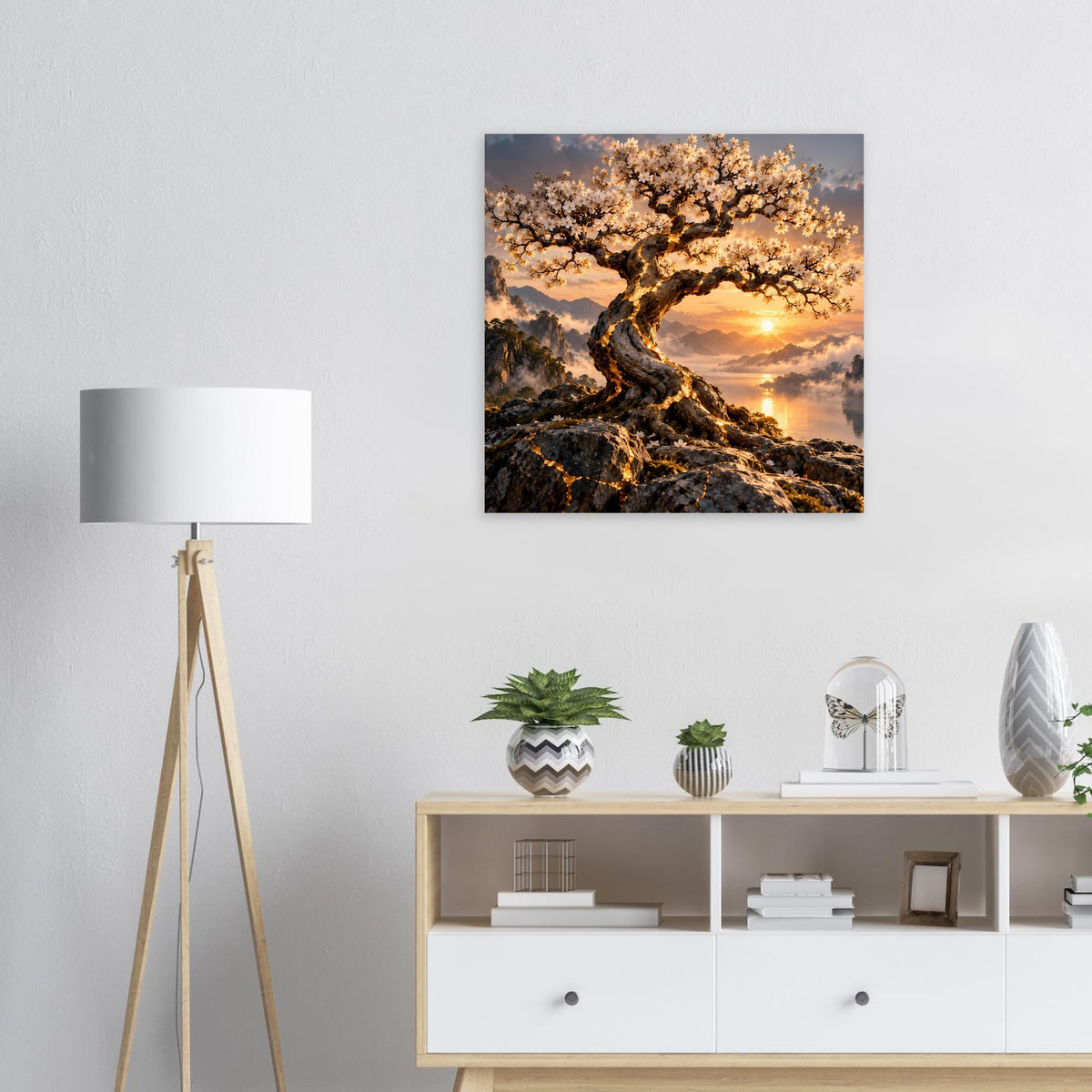 Quadratisches Poster mit goldenem Blütenbaum und Sonnenuntergang im Landschaftsmotiv