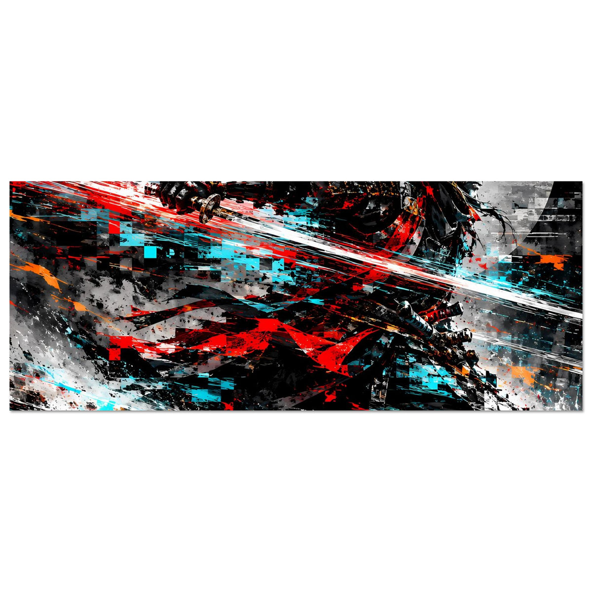 Actionposter im Querformat mit dynamischem Samurai-Motiv in Rot, Cyan und Schwarz