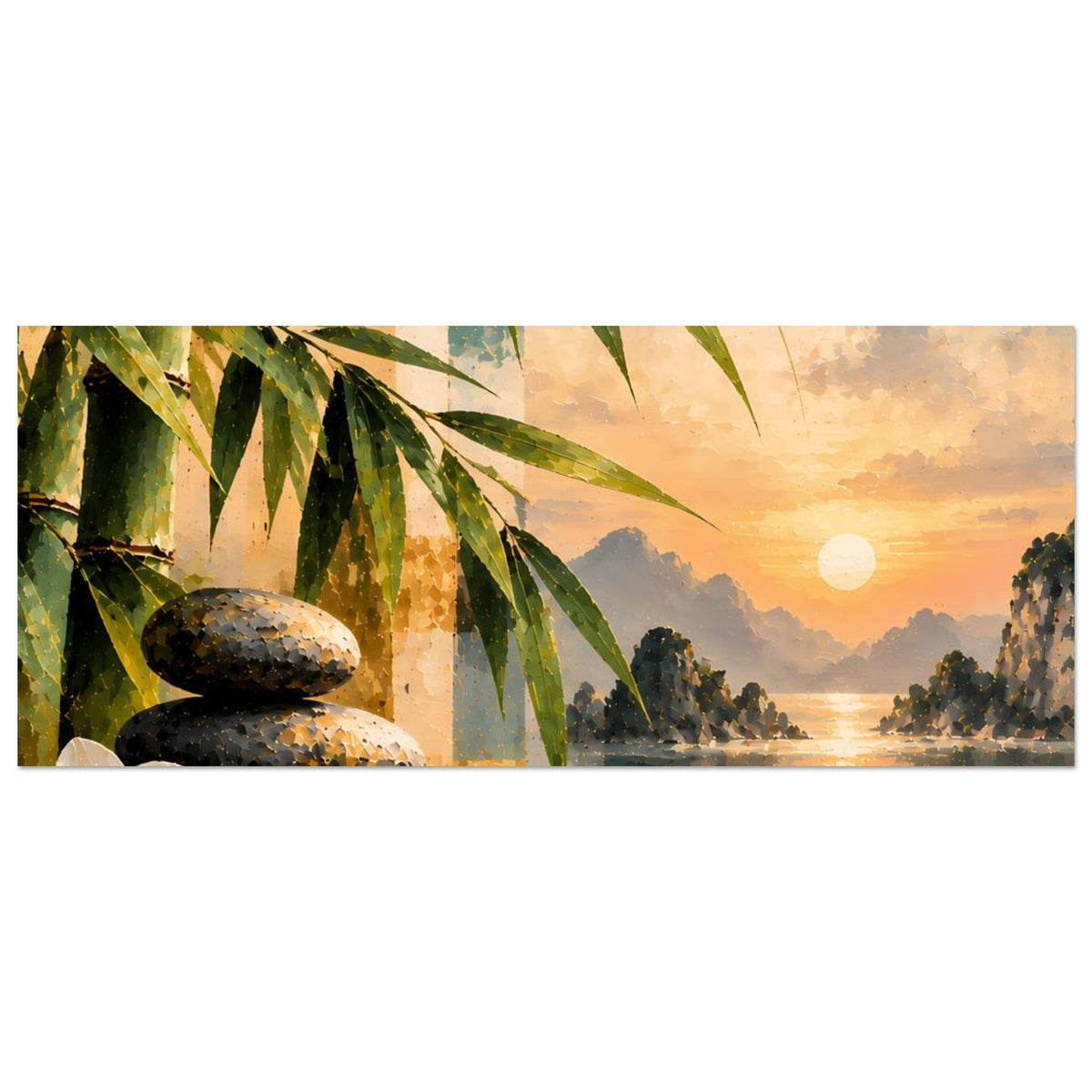 Horizontales Zen-Poster mit Bambusblättern und Sonnenuntergang über ruhigem Gewässer