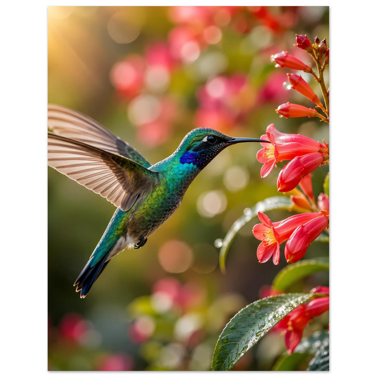 Poster mit Kolibri und roten Blüten, großer Vogel im Fokus, Flügel im Flug