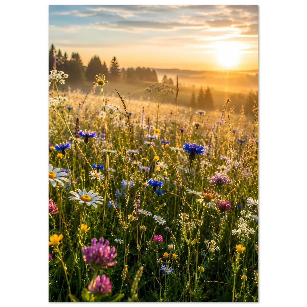 Vertikales Poster: Feld voller Wildblumen, gelbe und blaue Blüten bei warmem Abendlicht.